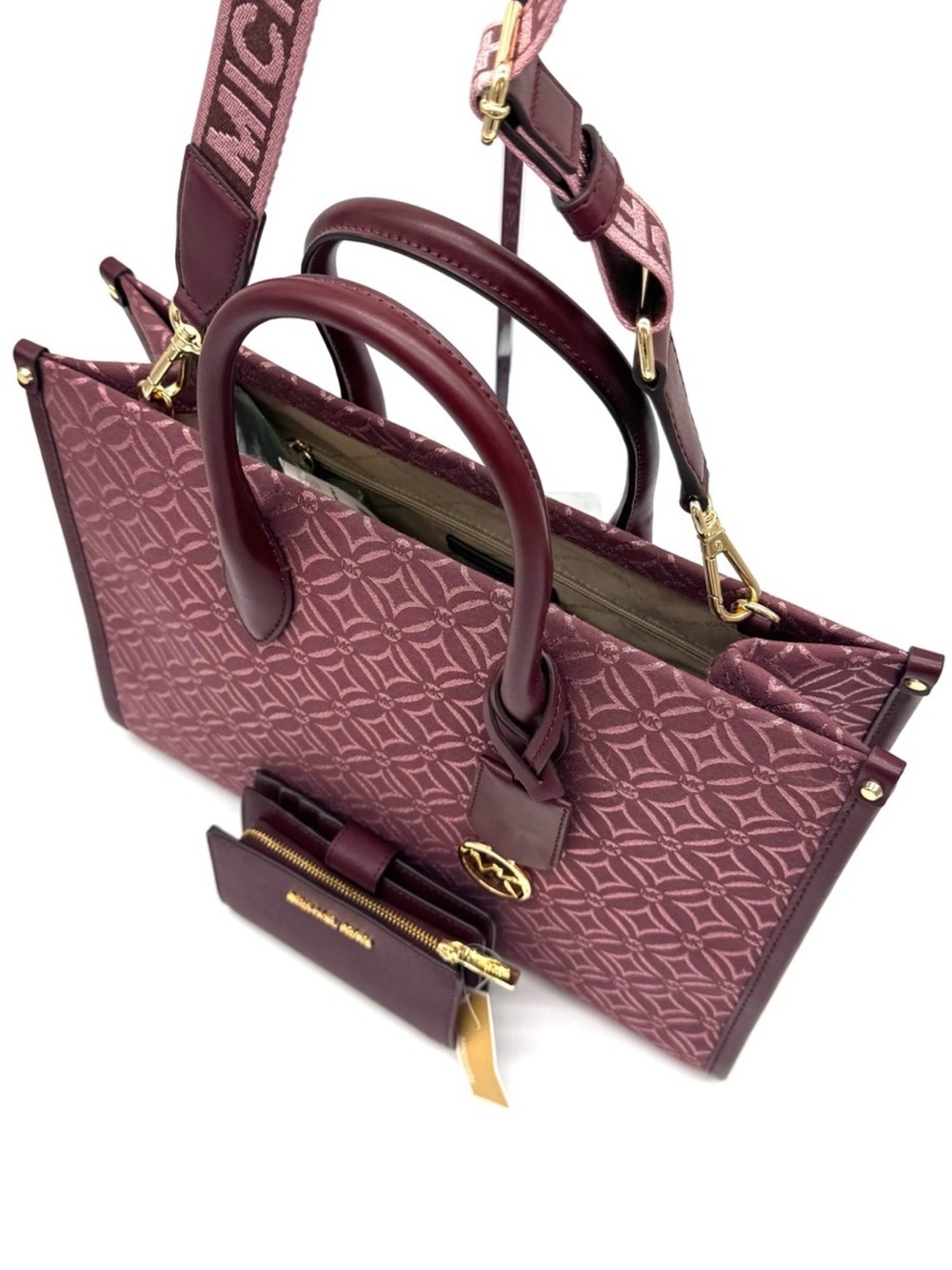 Michael Kors Medium Mirella Tote Bag & Matching Bifold Zip Chain Wallet Ox Blood - Picture 8 of 12